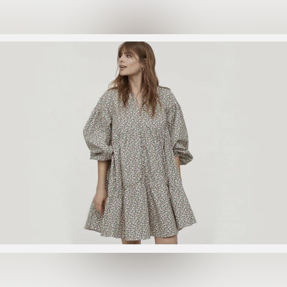 H&M Conscious Floral A-LINE COTTON Dress Floral Puff Sleeve size small - Picture 2 of 9